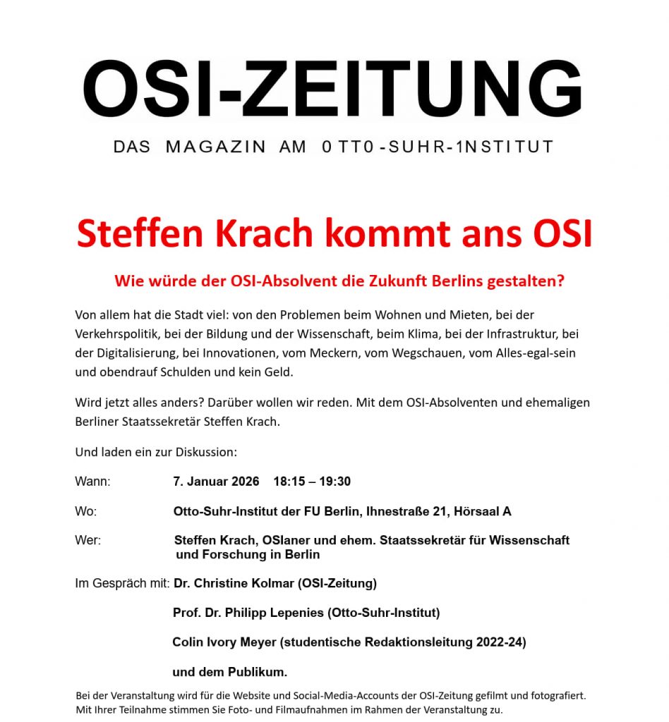 Einladung zur Veranstaltung mit OSI-Absolvent Steffen Krach